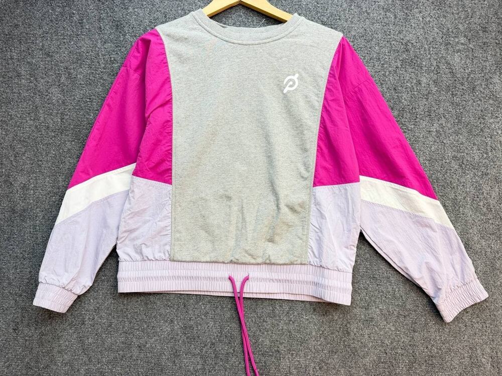Peloton Womens M Gray Pink Purple Colorblock Mixed Fabric Crewneck Pullover